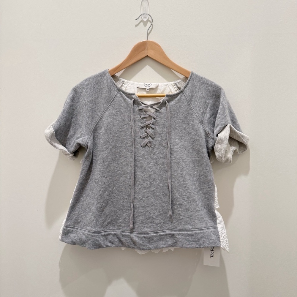 Nwt Sea New York Edie Eyelet Tiered Ruffled Short Sleeve Sweatshirt Grey Size Xs — image 2 of 7